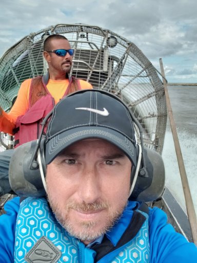 Mike Sico of the Team Complete Houston Office on an airboat in Cameron, Louisiana before hurricane Laura makes landfall