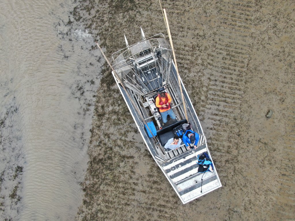 Team Complete surveying Cameron, Louisiana by airboat before the landfall of Hurricane Laura